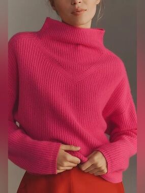 Small Anthropologie enza ribbed cashmere long sleeve sweater Hot bright Pink